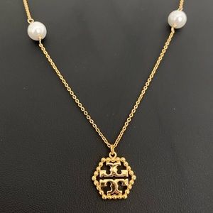 Tory Burch Hexagon double T logo and freshwater pearl 24” necklace